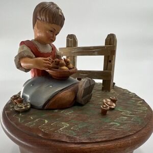 Thorens Music Box Girl Figurine with Ducks by Fence Swiss Wind-Up